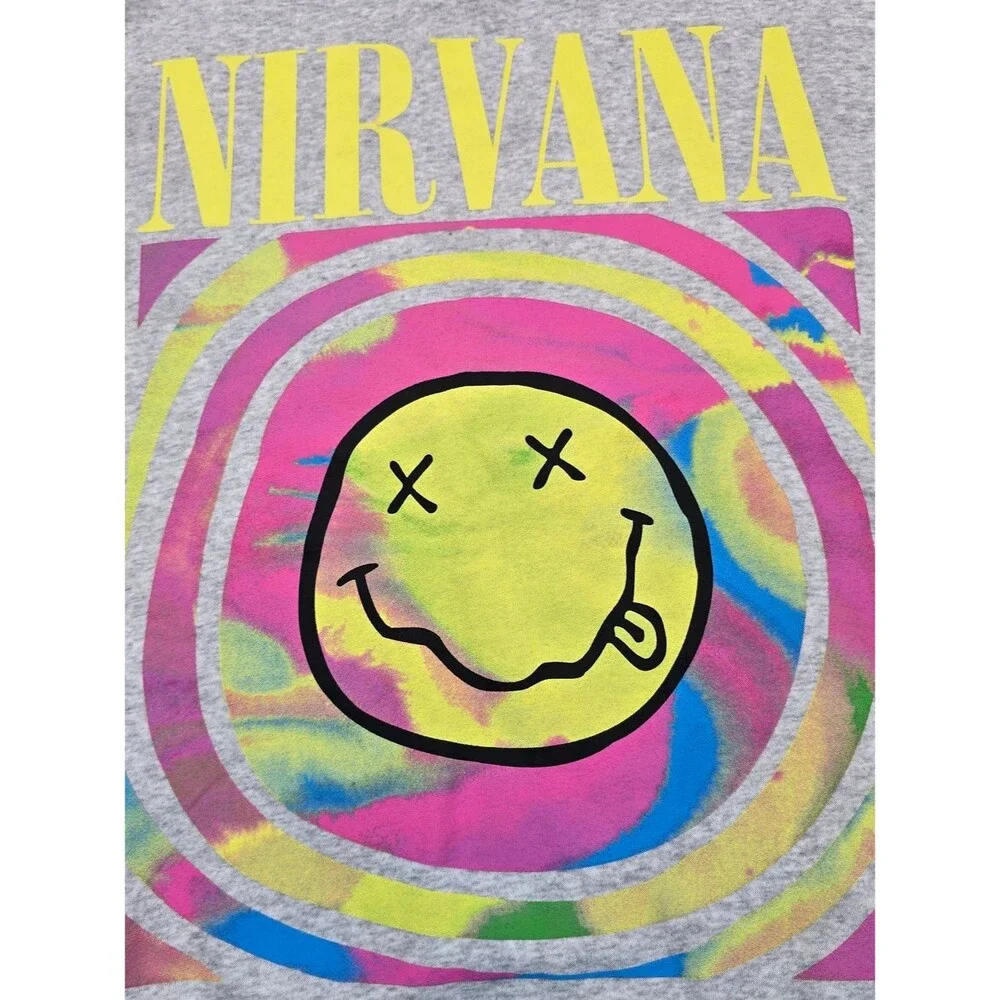 Nirvana Smiley Face Sweatshirt Mens L Gray Neon Graphic Band Crewneck